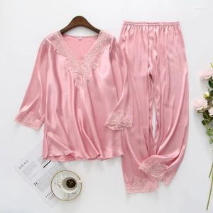 Home Clothing Lace Pajama Sets V-Neck Sleepwear Sexy Female Nightgown Floral Pijamas Suit Casual Clothes Loose Night Wear Rayon Homewear