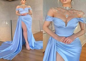 2022 Небое синее атласное платье вечернее платье высокое раскол от платья на выпускной вечерин
