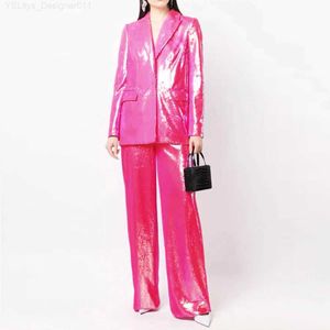 여자 2 피스 팬츠 S-XL 고품질 패션 단색 빛나는 구슬로 된 울트라 얇은 얇은 긴 슬리브 코트+스트레이트 바지 캐주얼 한 컴퍼니 여성 Setc240407