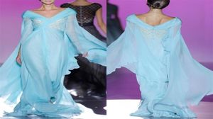 Light Sky Blue Chiffon Long Evening Dresses Long Sleeve V Neck veckad spets Applique Täckt högkvalitativt 2023 Haute Couture Custom4529135