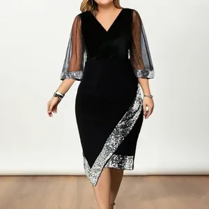 Party Dresses Sequin Dress Elegant Mesh Midi With Three Quarter Sleeves V Neckline Irregular Hem For Summer Parties Proms Soft