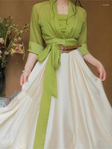 Work Dresses Women's Summer Autumn Suit Green Transparent Cardigan And White Slip Dress Two Piece Set Female Elegant Sets 2024