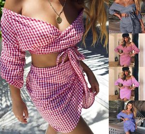 Sexy Tube top Chiffon Check Vneck Wrap arm Dress casual holiday skirt suit designer women s clothing 2 piece set5394041