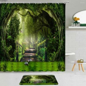 Shower Curtains 2Pcs Forest Landscape Curtain Round Tree Vine Wooden Bridge Bathroom Fabric Non-Slip Bath Mat Set
