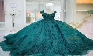 Abiti Quinceanera verde scuro con applique floreali 3D cinghie di perline di perline Lunghezza sul pavimento del pavimento Sweet 16 Birthday Party Prom Ball Go9451712