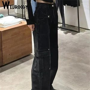 Jeans feminino 2024 Moda de outono da primavera versátil vintage multi-bolsões mulheres pequenas cintura alta e largura de perna larga de perna larga calça de carga