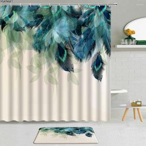 Cortinas de chuveiro 2pcs Simplicidade moderna Feather Curtain Art Design Modelagem de tecido não deslizamento Conjunto de decoração de banheiro de tapete de banho