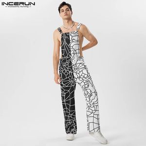 2023 Men Jumpsuits Print Patchwork Sleeveless Streetwear Summer Suspenders Rompers Fashion Male Straps Overalls S5XL INCERUN 240401