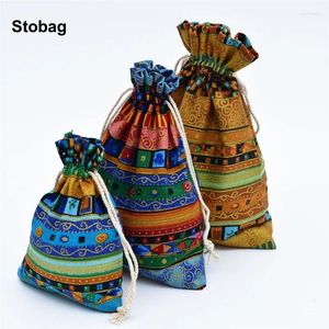 Gift Wrap StoBag 5pcs Printed Cotton Linen Cloth Bag Candy Jewelry Package Drawstring Storage Bundle Pocket Reusable Pouches Party
