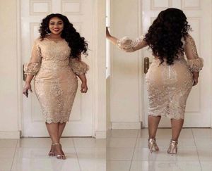 2019 Arab Plus Size Cocktail Dresses Jewel Neck Applique 3 4 Sleeve Zipper Tea Length Prom Dress Elegant Champagne Pretty Woman Pa5548653