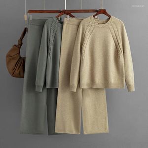 Zweiteilige Hosen im Herbst und Winter Frauen solider gestrickter Anzug loser langärmeliger Pullover-Pullover-Pullover mit weit beinigen Hose 2pcs Matching