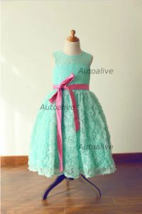 Klänningar Mint Blue Lace Rosette Keyhole Flower Girl Dress/Communion/Dop/Junior Bridesmaid Dress/Baby Girl Dress/Blush Pink Sash/Bow