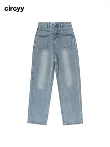 Women's Jeans Mom High Waisted Button Denim Pants Blue Spliced Wide Leg Y2K Trousers Bleached Streetwear Fashion Spring 2024
