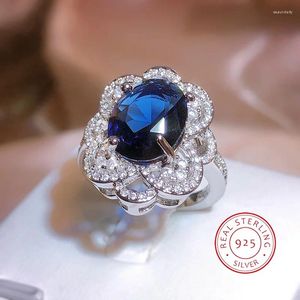 Cluster Rings High-end Imitation Blue Crystal Gemstone Opening Ring Super Shiny Full Diamond Zircon Luxury Fashion 925 Silver Women's