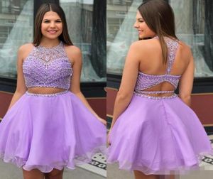 Cute Lavender Homecoming Dresses Two Piece Jewel Neck Luxury Beaded A Line Backless Custom Made Hollow Graduation Party Gowns8045877