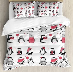 Bedding Sets Winter Set For Bedroom Bed Home Cute Penguins Hand Drawn Style Merry Christma Duvet Cover Quilt And Pillowcase