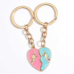 Schlüsselanhänger Lanyards 1Set (2pcs) süßer Emaille Keychain Unicorn Heart Jigsaw Puzzle Schlüssel Ring Beste Freunde Ketten Freundschaft Geschenke handgefertigtes Schmuck Q240403