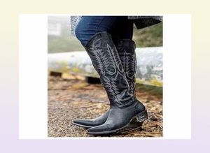 Bonjomarisa Ladies But buty Cowgirls Chunky Heel Hafdery Mid Calf Boots for Women Fashion Wysokiej jakości swobodne buty Ladie J227911015