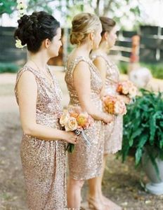 Bling Rose Gold Cheap 2019 Bridesmaid Dresses Short Sleeve Sequins Backless Knee Length Beach Wedding Gown Bridesmaid Dresses7889342