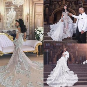 Dresses Retro Sparkly 2019 Wedding Dresses With Detachable Skirt Sheer Mermaid Beaded Lace Illusion Long Sleeves Arabic Chapel Bridal Gown