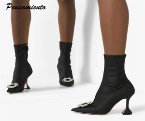 Alongamento Lycra Women Botas de tornozelo outono Inverno Confortável Triângulo Sapatos de Lady Sapatos de Saltos Altos Botas 3442 2112294050722