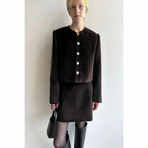 Work Dresses Firmranch 24 LC Elegant Dark Brown Single-Breasted Crew Neck Jacket Skirt Outfit For Women Spring Autumn