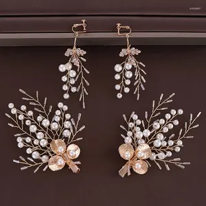 Hair Clips Crystal Pearl Bridal Jewelry Set Party Leaf Clip Pin Earring Wedding Accessories