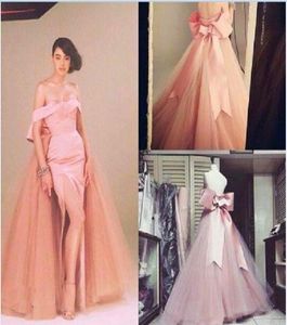 Unique Nude Pink Sexy Off Shoulder Prom Dresses Satin And Tulle ThighSide Split With Big Bow Back Long Formal Evening Gown1301321