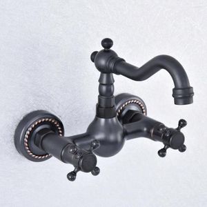 Banyo Lavabo muslukları siyah yağ ovulmuş bronz mutfak havzası musluk mikseri musluk döner spout duvarı monte çift çapraz kollar TSF724