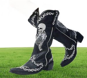 Women Skull Skeleton Selfie Cowboy Western Mid Boots Botas pontiagudas de dedo do pé