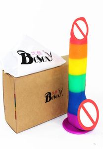 Rainbow Silicone Plug Big Dildo Simulação Realista enorme massagem vagina com pênis com poderoso brinquedo sexual de copo de copo para mulheres7618376