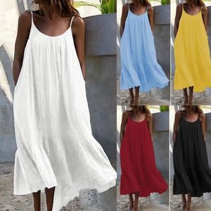 Summer Dress Low Round Neck Loose Casual Women Sling Solid Color for Beach Sexig ärmlös Vestidos Party Robe Femme 240327