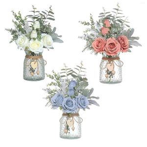 Dekorative Blumen Faux mit Vase künstliche Seidenrosen in gefälschten Pflanzen Eukalyptus Blume Arrangement Home Office Esstischdekoration Dekor