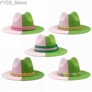 Largura chapé de balde verde rosa contrastante contrastante fedora hat unisex mens panamá britânico estilo trilby partido oficial yq240407
