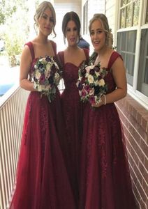 Bourgogne Wine Red Long Bridesmaid Dresses 2019 Applique Tulle A Line Wedding Gästklänning Kvinnor Billiga Prom Party -klänningar5397589