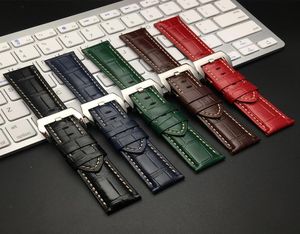 24mm 블랙 브라운 블루 붉은 녹색 악어 패턴 Panerai Strap Pam 브레이슬릿을위한 진짜 가죽 시계 밴드 2033287