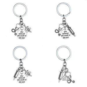 Keychains Lanyards Syringe Stethoscope Caduceus Key Chain Keyring Doctor Nurse Physicians Medical Holder Keychain Jewelry K4550 Q240403