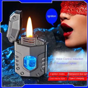 Metal Mech Voice Controlou o querosene mais leve métodos de ignição Métodos de ignição transparente LED Blue Light Oil Window Type-C leve do isqueiro