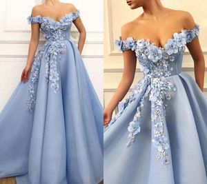 2019 Elegant Prom Dresses Lace 3D Floral Appliqued Pearls Evening Dress A Line Off The Shoulder Custom Made Special Occasion Gowns9392165