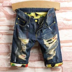 Men's Shorts Plus Size 28-44 Mens denim shorts casual and fashionable retro summer blue print ultra-thin and loose Distressed Hole Ripped Elastic J240407