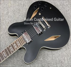 カスタムショップDave Grohl DG335 Matte Black Semi Hollow Body Jazz Electric Guitarra Dual Diamond HolesスプリットダイヤモンドホワイトMOP4230658