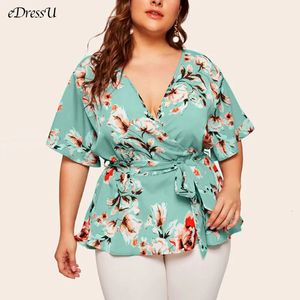 edessu plus size Frauen Chiffon Bluse Druck gegen Nackenhemd Tops Freizeitbüro Dame KYM802 240403