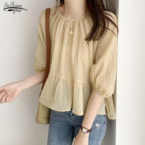 Frauenblusen Sommer 2024 Loose Bluse Plus Größe Japanischer Chiffon -Hemd runden Hals Rufte Falten Top Female Blusas 15371