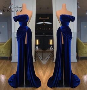 Chic Royal Blue OffTheSoulder trägerloser Abendkleider Scheide hohe Oberschenkel Split Long Prom Party Kleider mit Perlen Taille Vestido8039122