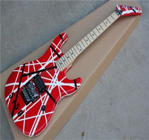 Yükseltilmiş Edward van Halen 5150 Beyaz Şerit Kırmızı Elektrikli Gitar Floyd Gül Tremolo Köprüsü Kilitleme Somun Akçaağaç Boyun Klavsesi1419922