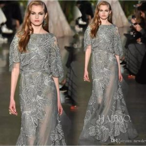 Elie Saab 2024 Evening Dresses Grey Blue Long Lace Gorgeous Prom Gowns A Line Bateau Neck Half Long Sleeves Celebrity Party Dress
