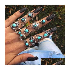 Кольца полосы 11шт/сет Bohemia Boho Retro Ring Set Vintage Turquoise Sier Color для женщин Ювелирные изделия Оптовая Factoy Direct Wedding Gift DHVZQ