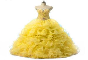 W magazynie 2021 Yellow Quinceanera Sukienki balowe organza z koralikami marszczyki Słodka 15 sukien