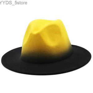Szerokie brzegowe czapki gradient gradientowy impreza top hat damska wełna poczuła jazz fedora trend szeroki brązowy spray malowany łatka sombreros de mujer yq240407