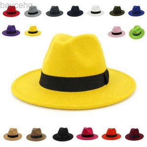 Wide Brim Hats Bucket Hats Women Winter Yellow Classic Elastic Fedora Hat Unisex Wool Felt Jazz Hats Elegant Men Women Wide Brim Panama Trilby Cap 240407